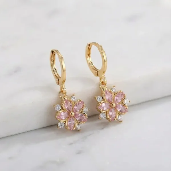 Pink Flower Crystal Drop Hoop Earring